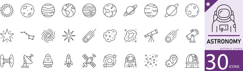 Astronomy line icon set for planets, stars, telescope, galaxy, moon, and space exploration. Editable vector icons for science, education, and space technology projects. © mstlily