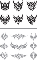 Fototapeta premium Tribal tattoo vector icons with abstract mask and wing shapes for decorative branding and decals