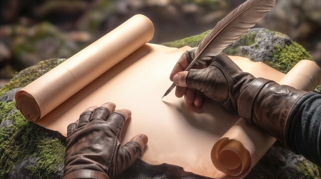 Person in leather gloves writing on parchment scroll with quill pen. Historical reenactment or fantasy storytelling concept in natural outdoor setting.