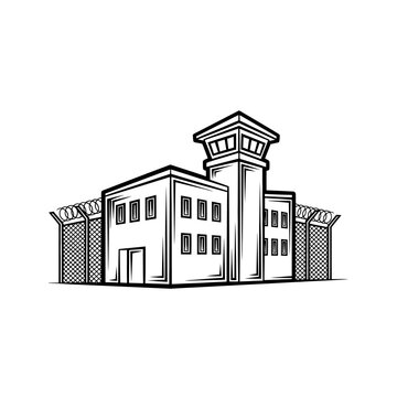 A detailed black and white illustration of a prison building with a guard tower and barbed wire fence, representing law and order