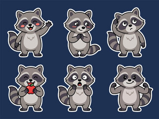 Cute raccoon cartoon character collection with funny emotions and playful poses. Adorable woodland animal sticker vector set for children designs © Amie