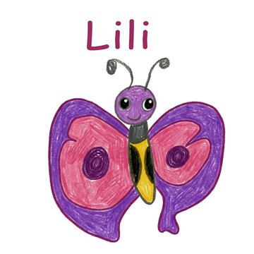 Lili Cute Butterfly Monster Character, Child Drawing Style Purple Pink Wings Fantasy Insect Illustration