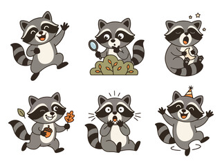 Cute raccoon cartoon character collection with funny emotions and playful poses. Adorable woodland animal sticker vector set for children designs © Amie