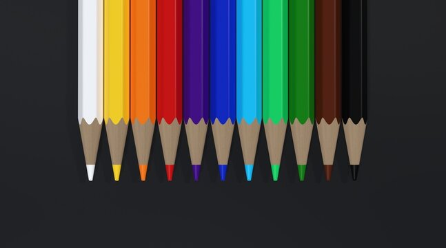 Row of Colorful Wooden Colored Pencils on Dark Background