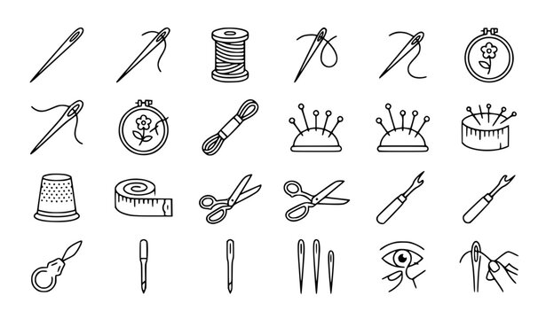 Needle and thread icon set sewing vector illustration silhouettes