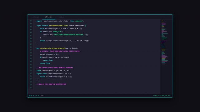 Dynamic motion video showcasing computer programming code with colorful syntax highlighting and animated effects for technology and coding themes.