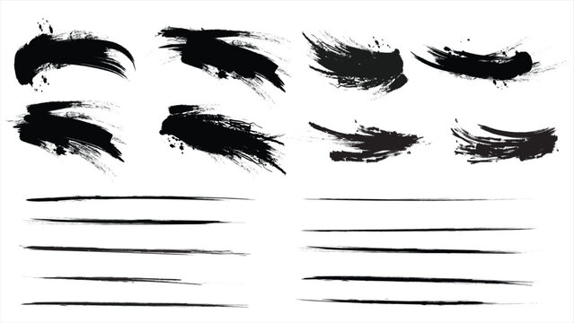 Hand drawn black brush stroke and rough underline collection featuring dry paint textures, grunge ink smears, sketch marker lines, artistic highlight strokes, and abstract brush elements. 