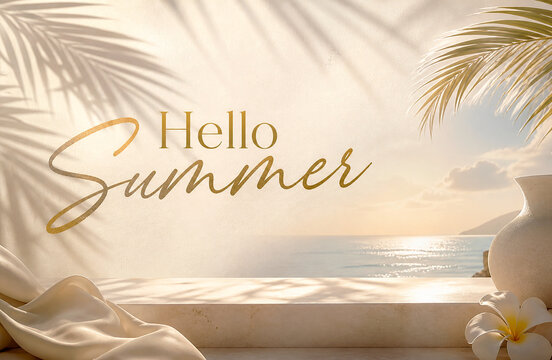 Luxury Hello Summer Background With Tropical Beach And Golden Typography