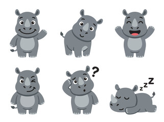 Cute rhino cartoon mascot collection with playful expressions and adorable poses. Kawaii safari animal vector sticker set for kids and nursery use © Amie