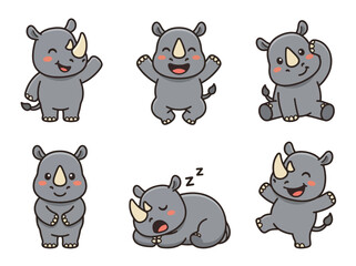 Cute rhino cartoon mascot collection with playful expressions and adorable poses. Kawaii safari animal vector sticker set for kids and nursery use © Amie