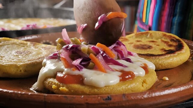 Delicious Arepas Being Prepared with Fresh Toppings.