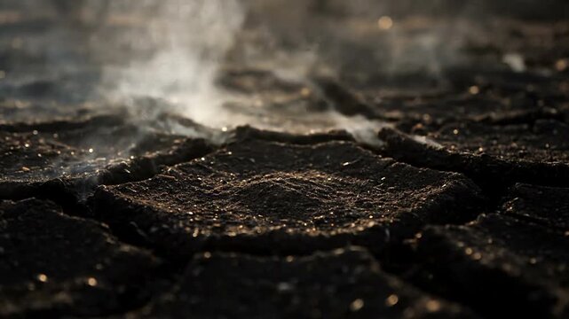 Close-up of cracked dry earth with water drops and steam rising, symbolizing drought and climate change.