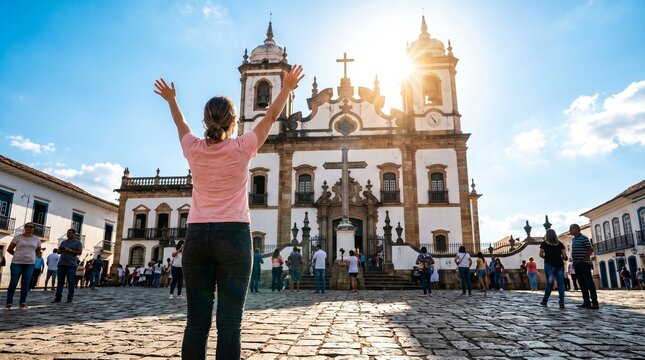 Woman with raised arms praising before historic colonial church with bright sun rays