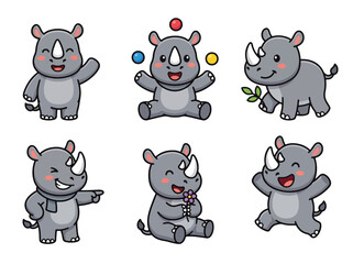 Cute rhino cartoon mascot collection with playful expressions and adorable poses. Kawaii safari animal vector sticker set for kids and nursery use © Amie