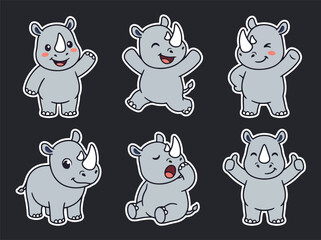 Cute rhino cartoon mascot collection with playful expressions and adorable poses. Kawaii safari animal vector sticker set for kids and nursery use © Amie