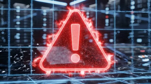 Digital Warning Alert System in Futuristic Server Room.