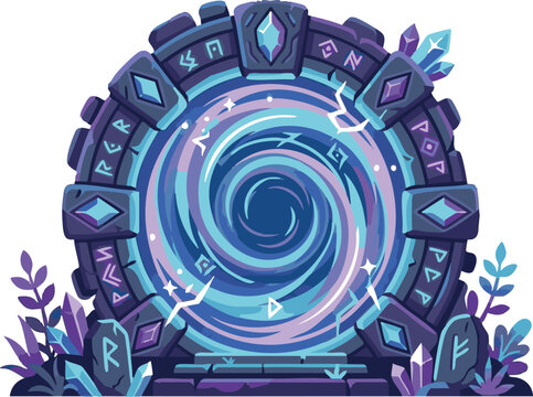 Swirling Magical Portal with Ancient Runes Stone Gateway Vector Illustration