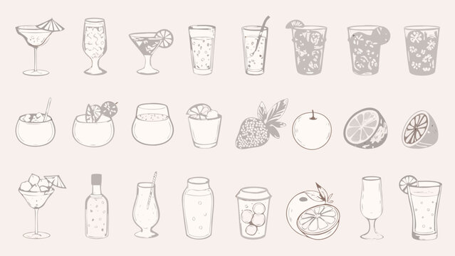 hand drawn cocktail and fruit illustrations sketch style collection on beige background high quality professional