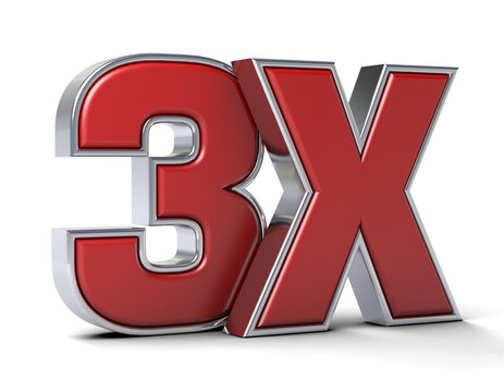 3X 3D metal and red text isolated on transparent background. 3d illustration.
