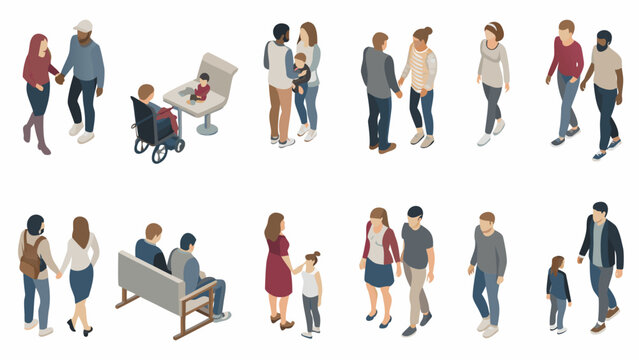 isometric vector illustration of diverse people in various everyday social interactions on white background