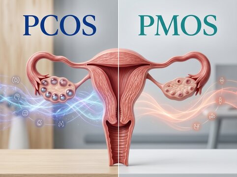 PCOS to PMOS Concept with Realistic Uterus and Polyfollicular Ovaries Medical Illustration