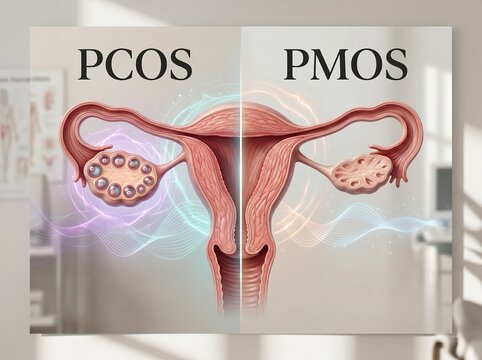PCOS to PMOS Concept with Realistic Uterus and Polyfollicular Ovaries Medical Illustration
