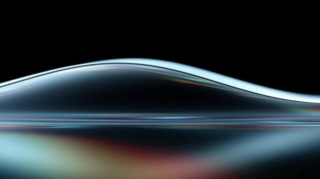 Abstract wave glass surface glossy line dark background neon highlight blue glow smooth curve reflective surface liquid form minimal design with light wave shimmering surface curved line color