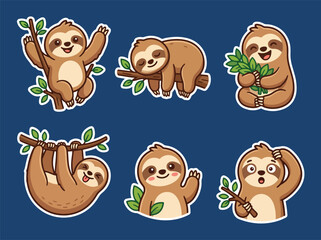 Fototapeta premium Cute sloth cartoon mascot collection with adorable expressions and relaxing poses. Kawaii jungle animal vector sticker set for kids and nursery themes