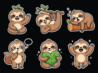 Fototapeta premium Cute sloth cartoon mascot collection with adorable expressions and relaxing poses. Kawaii jungle animal vector sticker set for kids and nursery themes
