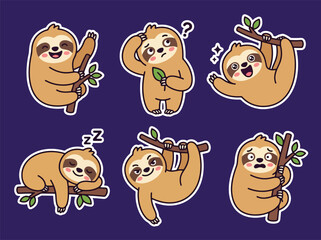 Fototapeta premium Cute sloth cartoon mascot collection with adorable expressions and relaxing poses. Kawaii jungle animal vector sticker set for kids and nursery themes