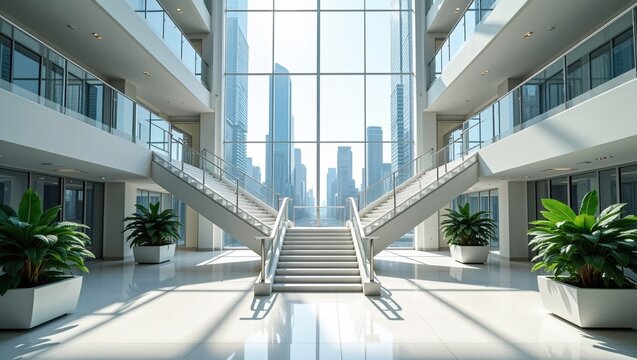 A bright, modern multi-level atrium features a central staircase flanked by symmetric stairs, with glass railings and white finishes. 