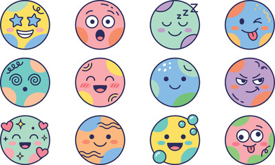 Fototapeta premium Collection of colorful cartoon eggs with different happy and surprised faces on white background