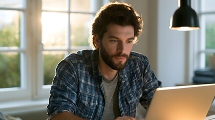 Obraz premium A person works remotely on a laptop in a bright sunlit room demonstrating a focused and strategic approach to their work