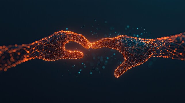 Cyber communication virtualization concept, Digital Hands Connecting Through Glowing Networks and Light Sparks