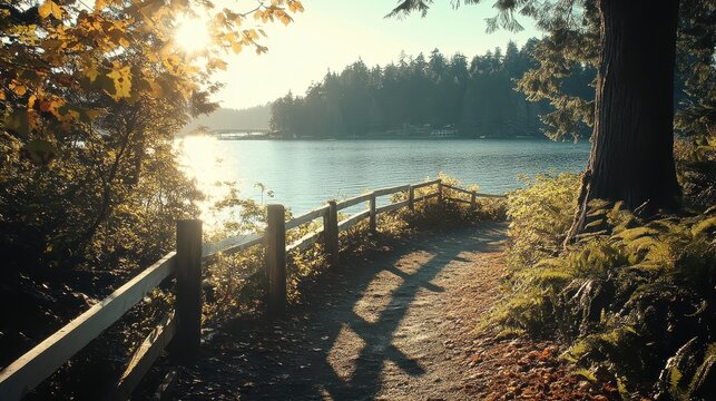 A serene dirt path bordered by a rustic wooden fence winds alongside a tranquil lake and lush forest under bright, dappled sunlight.