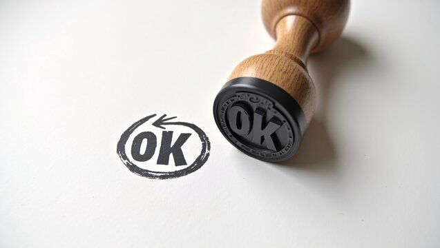 A wooden-handled rubber stamp sits beside its black "OK" impression on white paper, enclosed in a hand-drawn circle with an arrow, symbolizing approval or confirmation.