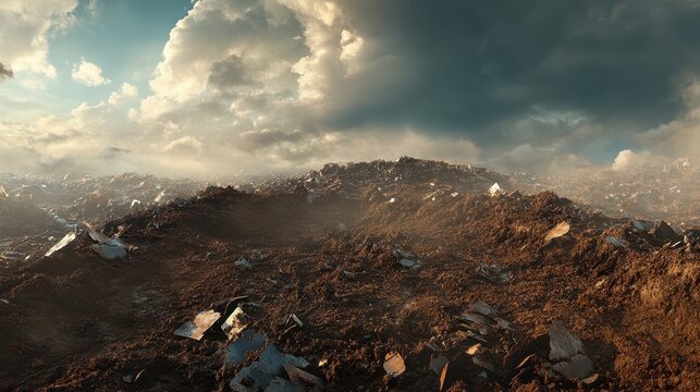 A vast landscape of contaminated soil littered with chemical runoff and scattered debris under a cloudy sky, representing environmental degradation and industrial impact.