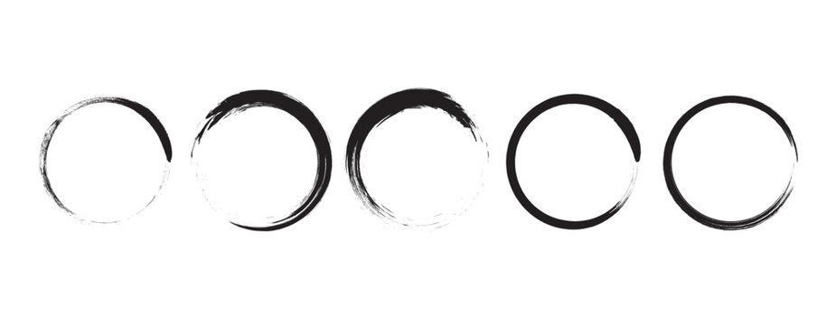 Minimalist Black Ink Brush Stroke Circles Set Japanese Enso Zen Hand Drawn Calligraphy Watercolor Splatter Paint Loops On Isolated White Background