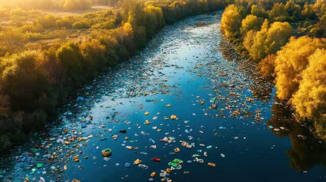 Aerial view of a river heavily polluted with floating plastic debris after heavy rainfall, highlighting environmental devastation near a wooded bank.