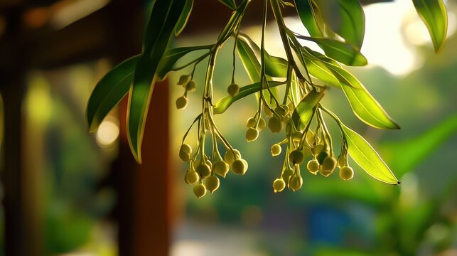Close-up of mistletoe sprigs with developing buds hanging from a branch with soft sunlight illuminating the delicate foliage