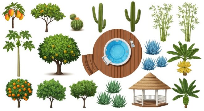 Set of various garden trees plants swimming pool with wooden deck and gazebo for landscape design elements collection isolated on a simple background