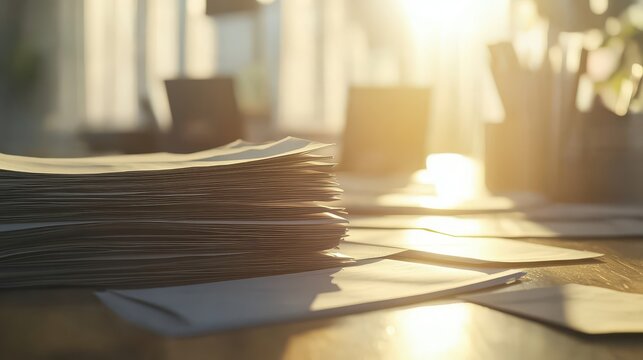 A Stack of Financial Documents on a Corporate Desk Illuminated by Soft Sunlight