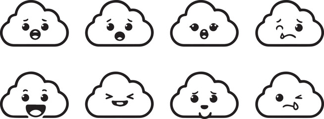 Fototapeta premium Cute Crying and Sad Cloud Sticker Pack, Kawaii Rainy Weather Cartoon Character Expressions, Black and White Line Art Vector Illustration, Emotional Sky Mascot Icons Bundle
