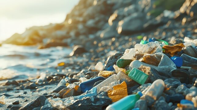 Accumulation of plastic microplastics and waste bottles on a rocky shoreline under bright sunlight