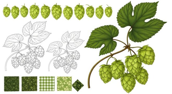 Set of green hop plant cones and leaves with hand drawn sketch illustrations and seamless patterns for craft beer design elements and botanical art