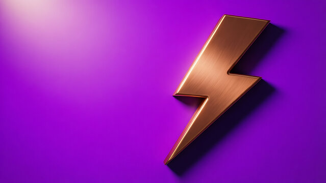 Ic&ocirc;ne &eacute;clair m&eacute;tallique cuivre sur fond violet vif, symbole &eacute;l&eacute;gant bronze &eacute;nergie, concept puissance et vitesse, design moderne