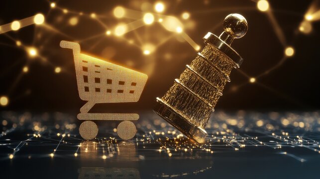 Consumer protection law and shopping cart icons with a golden chess piece symbolizing strategy and legal contract in e-commerce.