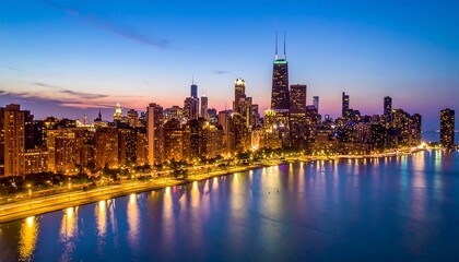 Fototapeta premium Illuminated cityscape reflects on calm water at dusk