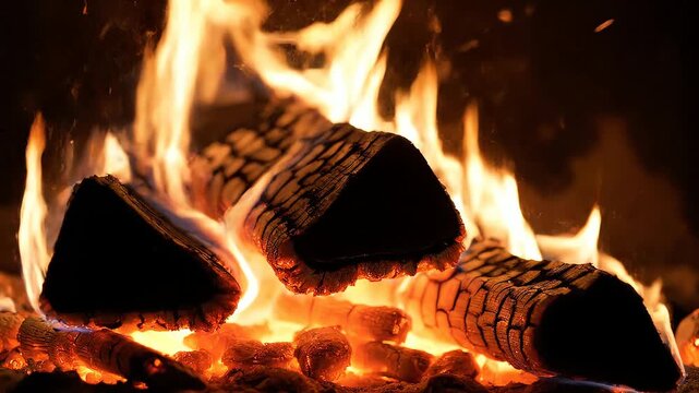 Extreme close-up of wood logs burning with vibrant orange and red flames and flying sparks in a cozy fireplace.