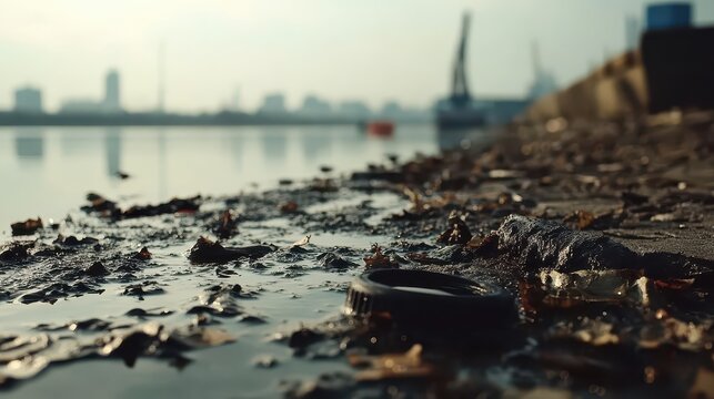 Close-up view of polluted riverbank with debris and industrial background under overcast sky
